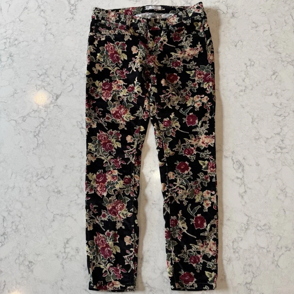 Free People Pants Mid-Rise Corduroy Floral Skinny Slim W 27 Black Burgundy Green